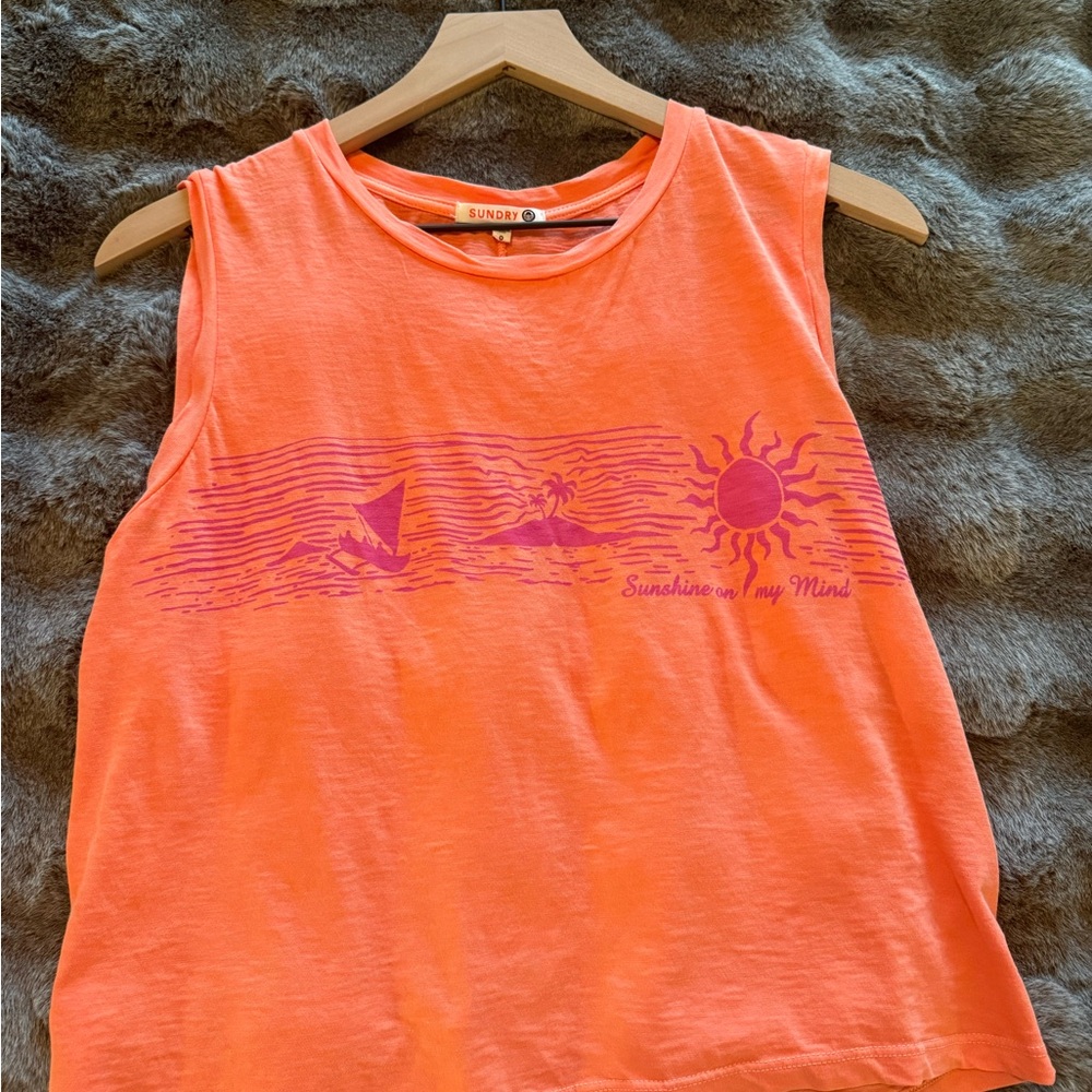 Sundry Coral Orange Graphic Muscle Tee with Purple Sun Print